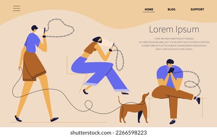 The landing web page with man, woman walk down the street. They has addiction, bad habit and connection a chain with device. They look in smartphone and chatting in virtual social network