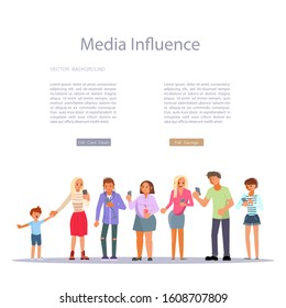 Landing web page Media influence concept Bloggers making, sharing post to promote service or good for followers by mobile phones Users Browse Social Networks by smartphone Flat Art Vector Illustration