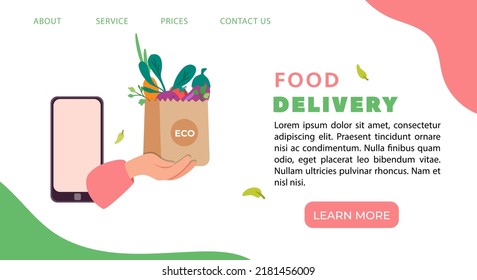 Landing web page for online eco food order and deliver flat style design illustration. Hand from the smartphone holds the grocery paper bag with organic vegetables. Online shop and eat local concept.