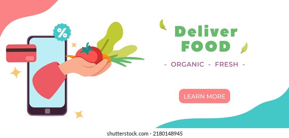 Landing web page for online organic eco food store design illustration. Order and deliver custom service. Online payment. Hand from the smartphone holds the grocery  organic vegetables. Local food. 