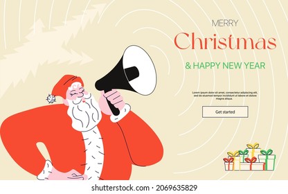 Landing web page template advertisement, website or social media greeting. Santa Claus character speaking in loudspeaker greeting with Merry Christmas and Happy New year. Flat Art Vector Illustration