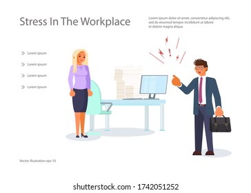 Landing web page template with Angry boss and frightened employee. Female character experiences stress at work. Bullying and harassment at office concept. Flat Art Vector Illustration