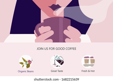 Landing web page template with Beautiful Girl with Cup of coffee. A hot beverage Concept for Restaurants and coffee shops. Flat Art Vector Illustration