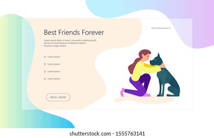 Landing web page template Best Friends Forever. Girl hugs her beloved dog. Flat Art Vector illustration