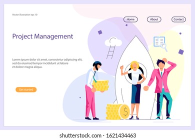 Landing web page template with Business people, man and woman building a new idea, in flat modern style. To join in a merger make a deal or collaborate concept. Flat Art Vector illustration