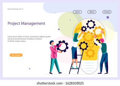 Landing web page template with Business people, man and woman building a new idea, in flat modern style. To join in a merger make a deal or collaborate concept. Flat Art Vector illustration