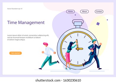 Landing web page template with Business People Running In Office. Mess And Deadline Tasks. Workload Disasters concept. Flat Art Vector illustration