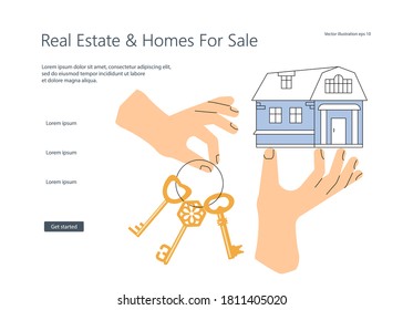 Landing web page template for buying tiny house. Concept of purchase house, mortgage, real estate or abstract ownership. Flat Art Vector Illustration