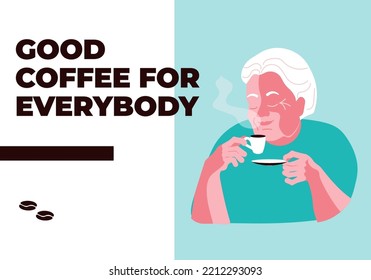 Landing web page template for cafe bar, coffee shop, restaurant or e-commerce. Elderly woman enjoy the smell and taste of coffee. Vector illustration concepts for website and mobile website developmen
