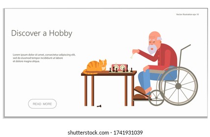 Landing web page template with chess hobby. Elderly alone man has a game with his cat. Flat Art Vector Illustration