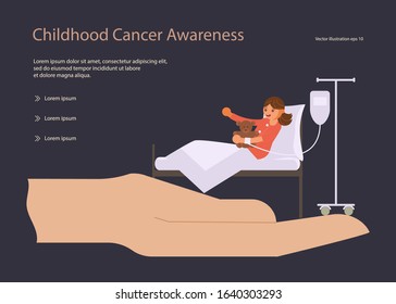 Landing web page template with Child oncology disease concept. International Childhood cancer day banner. The hand symbolizes help and support to sick children. Flat Art Vector Illustration