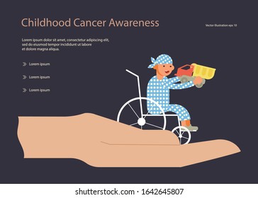 Landing web page template with Child oncology disease concept. International Childhood cancer day banner. The hand symbolizes help and support to sick children. Flat Art Vector Illustration