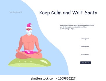 Landing web page template for Christmas and New Year celebration. Santa Claus siting in yoga pose, xmas fitness activity. Social media banner of sale, offer, discount. Flat Art Vector Illustration