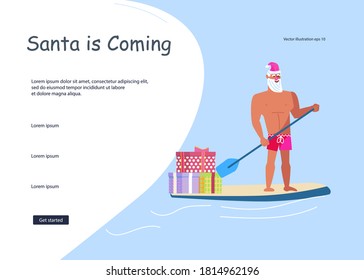 Landing web page template for Christmas and New Year celebration. Santa Claus with huge red bag presents by paddleboard on the sea. Social media banner of sale, offer, discount. Vector Illustration