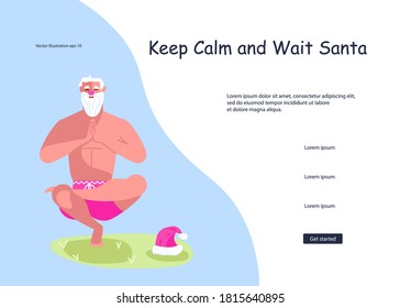 Landing web page template for Christmas and New Year celebration. Santa Claus siting in yoga pose, xmas fitness activity. Social media banner of sale, offer, discount. Flat Art Vector Illustration