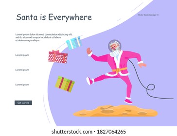 Landing web page template for Christmas and New Year celebration. Santa Claus at the space. Social media banner of sale, offer, discount. Flat Art Vector Illustration