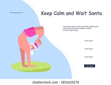 Landing web page template for Christmas and New Year celebration. Santa Claus siting in yoga pose, xmas fitness activity. Social media banner of sale, offer, discount. Flat Art Vector Illustration