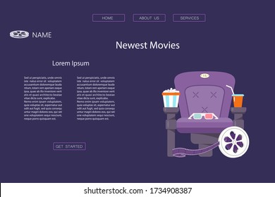 Plantilla de página web de aterrizaje con Banner de cine con asiento de teatro y 3dgafas, palomitas de maíz y soda, tira de película. Objetos aislados en un fondo blanco. Ilustración de vectores de arte plano