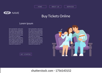 Landing web page template for cinema. Young man and woman watching movie on dark blue background. Characters with popcorn and soda. Flat Art Vector Illustration