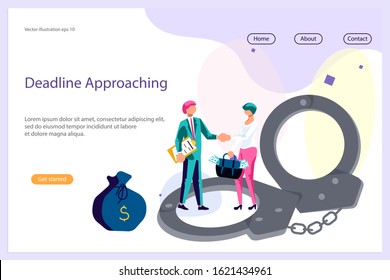 Landing web page template with Cocept of Corruption and Bribery in business. Business people shake hands after making a deal in exchange for a portfolio of money. Flat Art Vector illustration