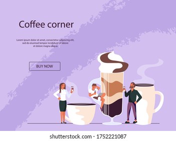 Landing web page template for coffee corner with tiny people and large cup of coffee. Concept coffee break at work, coffee shop, communication and relaxation during lunch. Flat Art Vector Illustration