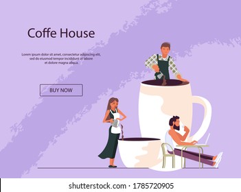 Landing webpage Vorlage der Kaffee-Ecke. Kleine Leute und eine große Tasse Kaffee. Konzept der Kaffeepause bei der Arbeit, Café, Kommunikation und Entspannung während des Mittagessens. Flache Kunstvektorgrafik