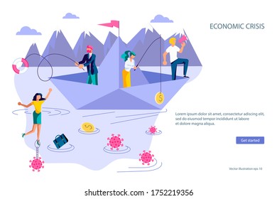 Landing webpage Template für das Konzept der überlebenden Unternehmen und Unternehmen. Konkurs, Investitionsversagen und Haushaltszusammenbruch. Wirtschaftskrise durch Koronavirus. Flache Kunstvektorgrafik