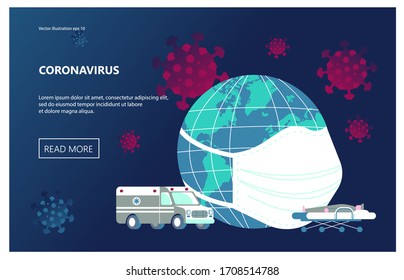Landing web page template with Coronavirus banner with earth in safety medical mask among viruses and ambulance. Concept of precautions epidemic outbreak and awareness. Flat Art Vector Illustration