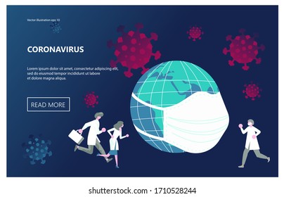 Landing web page template with Coronavirus  with earth in safety medical mask among viruses, doctor runs to rescue. Concept of awareness and alert against disease spread. Flat Art Vector Illustration