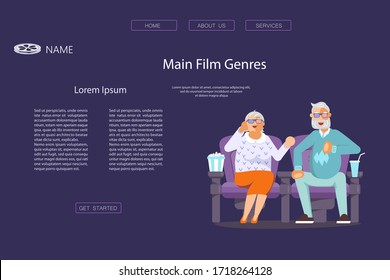 Landing web page template with Couple of seniors in 3d glasses sitting in cinema and watch movie. Characters with popcorn and soda on dark blue background. Flat Art Vector Illustration