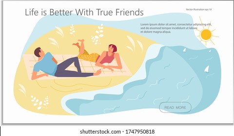 Landing web page template with Couple in love or friends at picnic. Young smiling man and woman are talking on the beach. Cute funny people have relax. Flat Art Vector Illustration