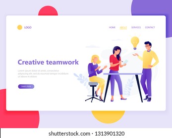 Landing web page template of creative teamwork - people working in friendly workplace. Coworking, teamwork, idea, communication, interaction. Flat concept vector illustration