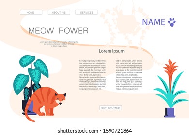 Landing web page template with Cute and playful kitten damage houseplant. Guilty cat colorful concept isolated on white background. Naughty cat eating house plant. Flat Art Vector Illustration