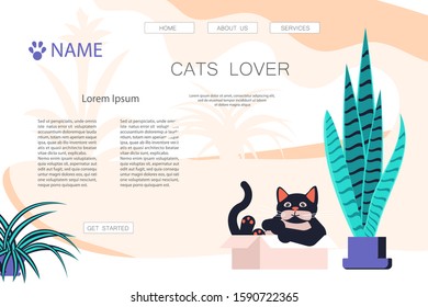 Landing web page template with Cute and playful kitten into box. Funny cat colorful concept isolated on white background. Naughty cat between house plant. Flat Art Vector Illustration