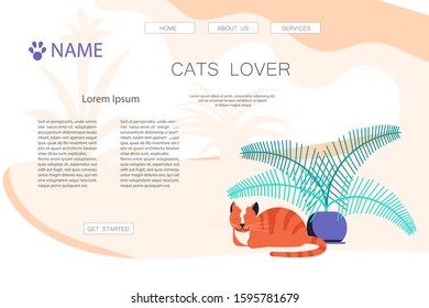 Landing web page template with Cute and playful kitten damage houseplant. Guilty cat colorful concept isolated on white background. Naughty cat eating house plant. Flat Art Vector Illustration