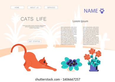 Landing web page template with Cute and playful kitten damage houseplant. Guilty cat colorful concept isolated on white background. Naughty cat eating house plant. Flat Art Vector Illustration