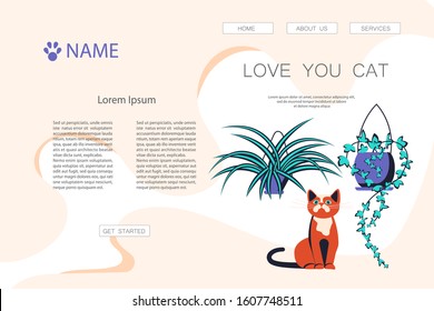 Landing web page template with Cute and playful kitten damage houseplant. Guilty cat colorful concept isolated on white background. Naughty cat eating house plant. Flat Art Vector Illustration