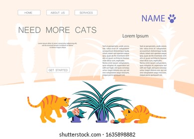 Landing web page template with Cute and playful kitten damage houseplant. Guilty cat colorful concept isolated on white background. Naughty cat eating house plant. Flat Art Vector Illustration