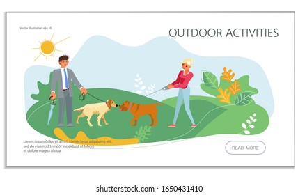 Landing web page template with Cute pets sniff each other for say hello. Dog walker and pet owner with domestic animals in public park. Flat Art Vector Illustration