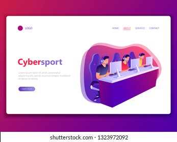 Landing web page template of Cybersport. E-sport, competitive, computer gaming, gamers. Men and woman playing game, looking at screen and sitting in chairs. Flat concept vector illustration