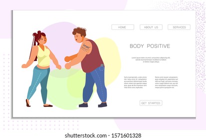 Landing web page template for dancing, aerobics, fitness training for fat people. Body positive concept. Flat Art Vector illustration