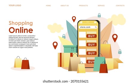 Landing web page template for digital store, supermarket, marketplace. Smartphone with marketplace mobile app, application on screen. Mobile retail online shopping concept. Vector illustration