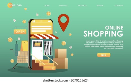 Landing web page template for digital store, supermarket, marketplace. Smartphone with marketplace mobile app, application on screen. Mobile retail online shopping concept. Vector illustration