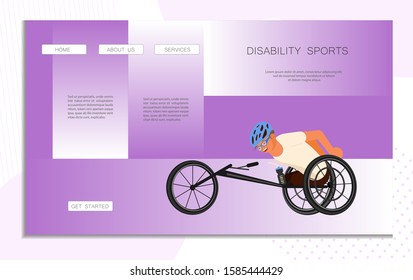 Landing web page template disability sport. Wheelchair users man. Disabled athlete physical activity and competition. Flat Art Vector Illustration