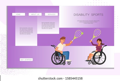 Landing web page template disability sport. Wheelchair users man and woman play tennis. Disabled male and female people holding racket. Flat Art Vector Illustration