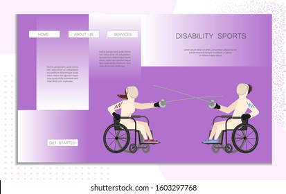 Landing web page template disability sport. Wheelchair users man and woman have a Fencing moves. Disabled male and female people with mask holding epees. Flat Art Vector Illustration