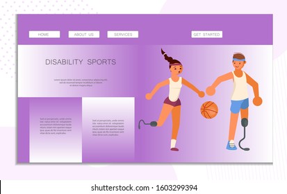 Landing web page template disability sport. Prosthesis users man and woman play basketbal. Disabled male and female people with mask holding epees. Flat Art Vector Illustration