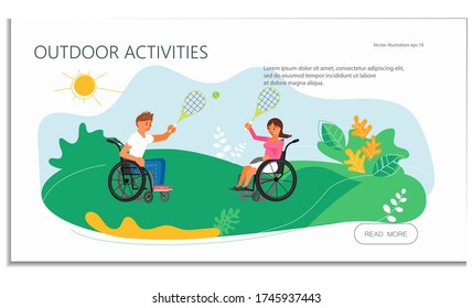 Landing web page template of disabled people in park. Young smiling man and woman in wheelchairs are playing tennis on meadow. Cute funny handicapped have summer activity. Flat Art Vector Illustration