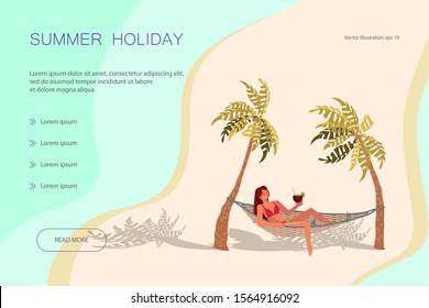 Landing web page template with Dream scene with Beautiful beach. A young woman lies on a Hammock between two palm trees and relaxes. Flat Art Vector illustration