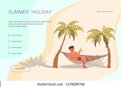 Landing web page template with Dream scene with Beautiful beach. A young woman lies on a Hammock between two palm trees and relaxes. Flat Art Vector illustration